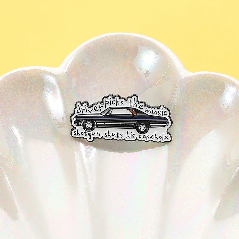 Supernatural TV Show Enamel Pin Driver Picks the Music Gun Shuts His Cakehole Metal Brooch Lapel Badge Jewelry Gift For Friends