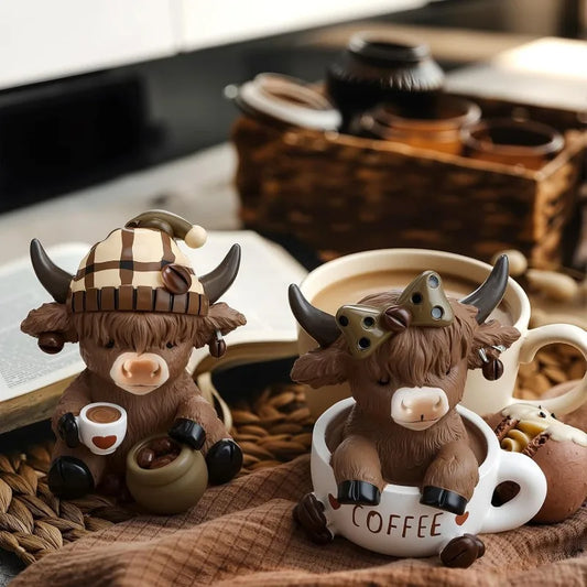Scottish Highland Cow Statue Mini Cow Figurine Dwarf Resin Ornament Craft Miniatures Festive Christmas Gift Desk Home Decoration