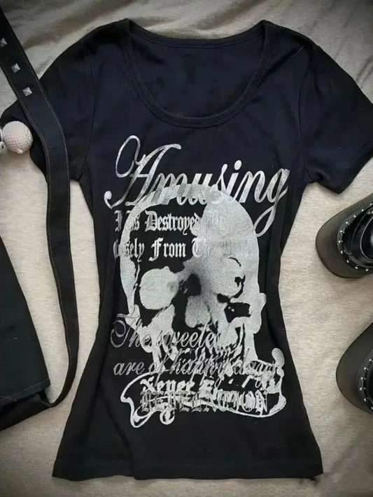 Gothic T-shirts Women Vintage Punk Y2k Crop Tops Punk Skull Black Hot Girl Tshirt Short Sleeve Fashion Street Tees Sxey Vintage