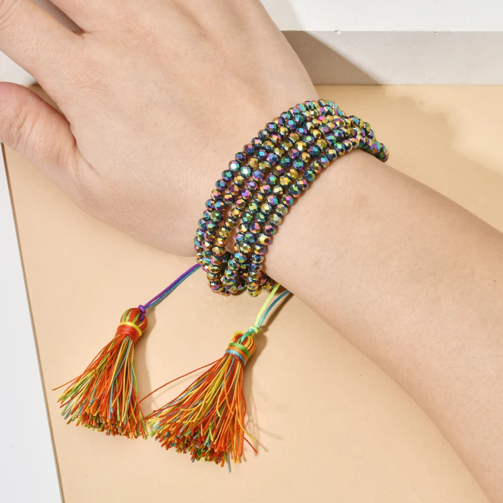 ZMZY Pink Boho Handmade Crystal Bead Bracelets Elastic Glass Beaded Layered Stacked Bracelet Tassel Jewelry Friends Gift