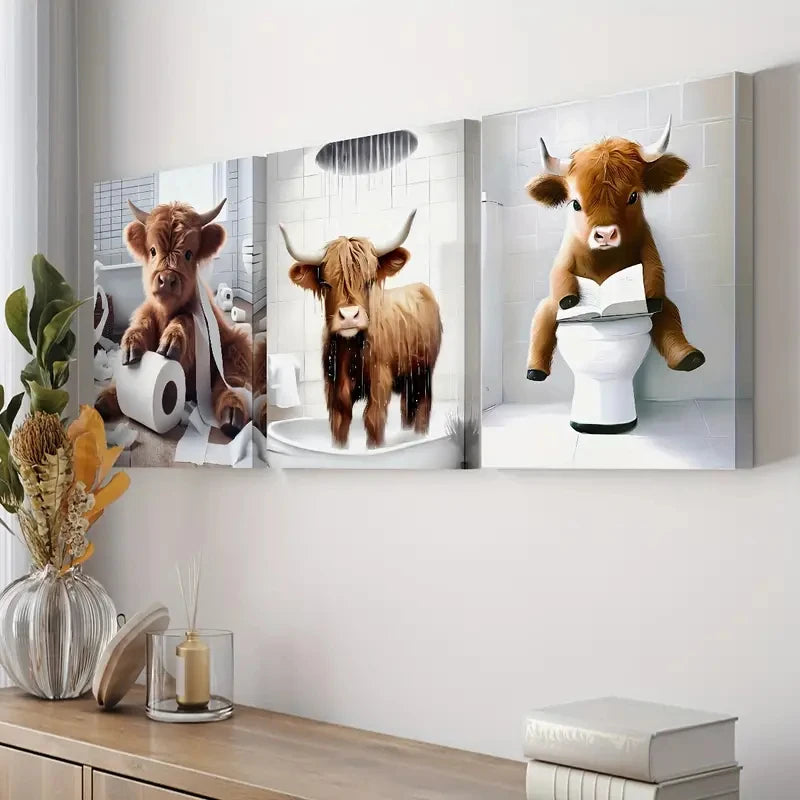 Modern Scottish Highland Cow Canvas Prints Cute Country Animal Wall Art Posters for Bathroom Living Room Farmhouse Decor Cuadros