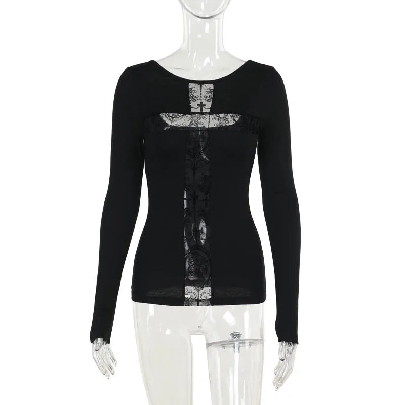 Gothic T-shirt for Women Sexy Hollow Out Mesh Cross Half Turtleneck Black Slim Soft Velvet Long Sleeve  Crop Tops