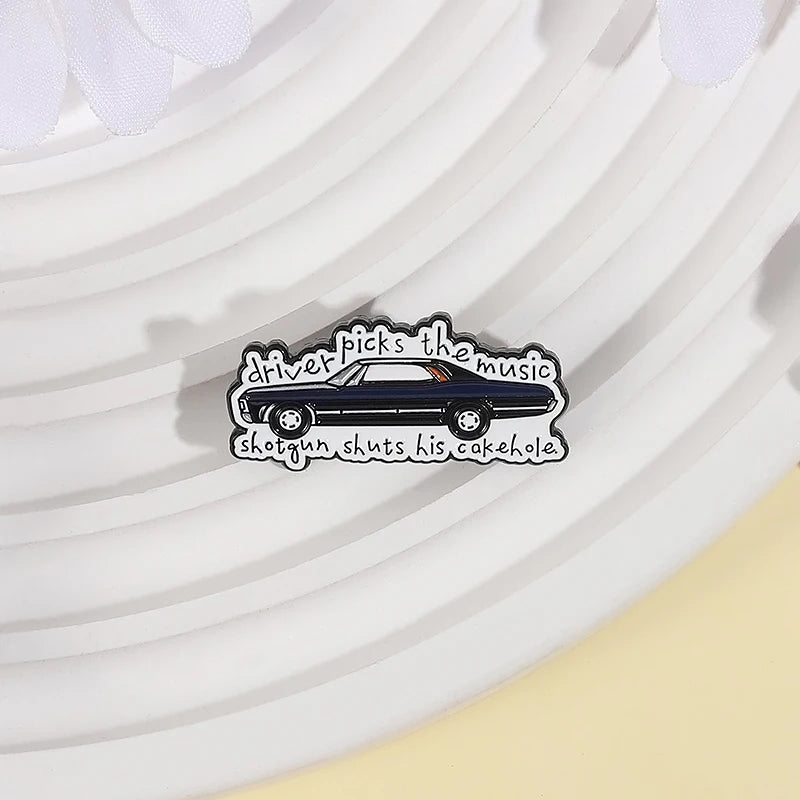 Supernatural TV Show Enamel Pin Driver Picks the Music Gun Shuts His Cakehole Metal Brooch Lapel Badge Jewelry Gift For Friends