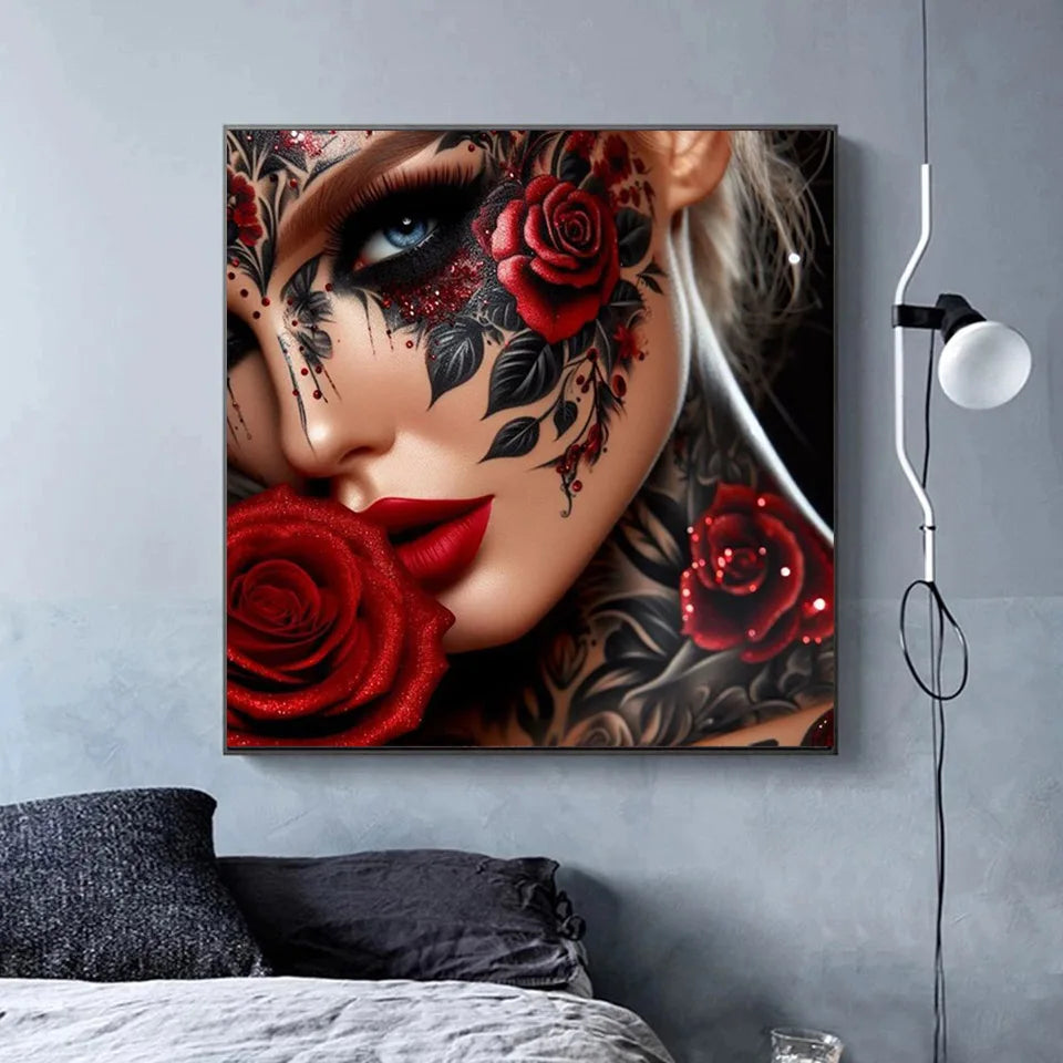 5d Diy Diamond Painting New 2025 Woman Red Rose Diamond Mosiac Home Decor Gothic Tattoo Girl Portrait Embroidery Wall Art Gift