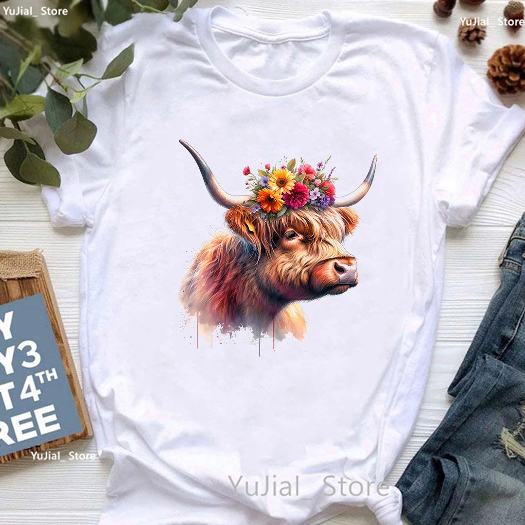 Highland Cow Floral Crown Animal Printed T Shirt Women Clothes 2024 Summer Fashion Tops Tee Shirt Femme Harajuku Shirt