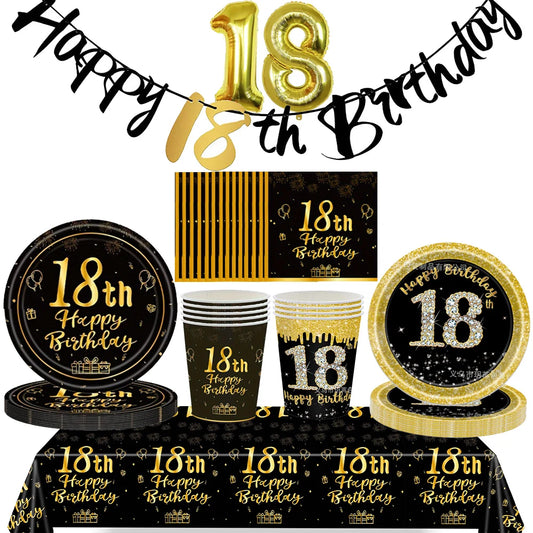 18th Birthday Decors for Boys Girls Black Gold Party Banner Balloon Tablecloth Plate Cup Napkin 18 Years Birthday Party Supplies