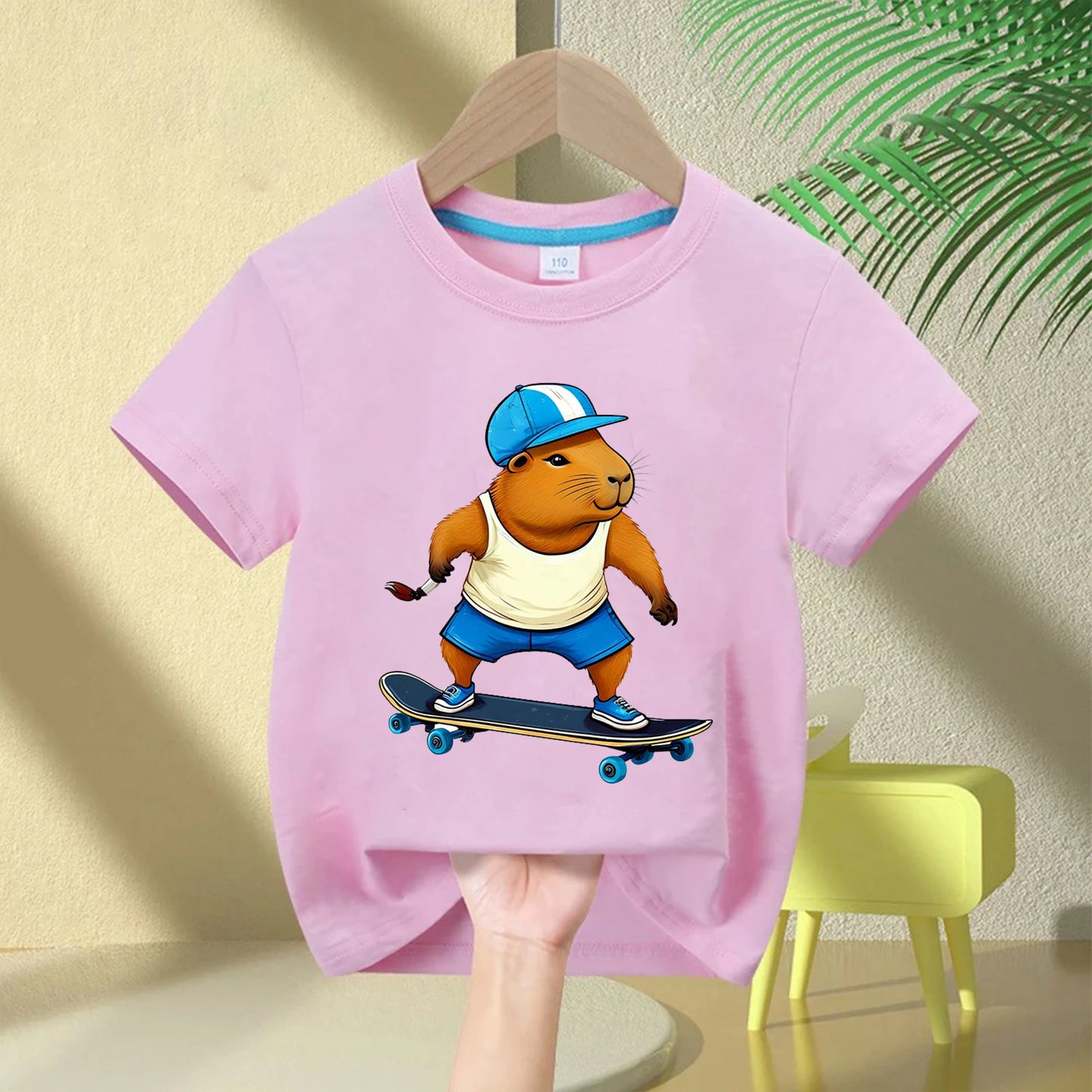 Cute Capybara Loves Bubble Tea print kids T-Shirt summer children's pure cotton short-sleeved casual tops boys and girls gifts