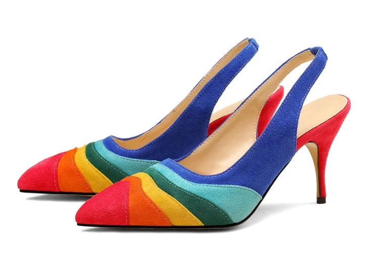 Summer New Rainbow Mixed Color 8cm High Heel Sandals  Women's French Pointed Shallow Mouth Runway Banquet Wedding Shoes size 43