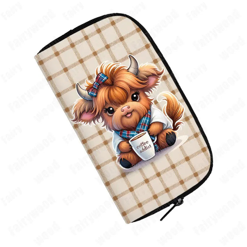 Highland Cow Print wallet Baby Scottish Highland Cows Having Coffee/ Bubble Tea Women Credit Card Holder Long Wallet Money Purse