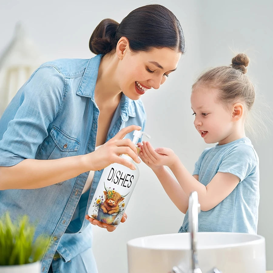 2Pcs Highland Cow Soap Dispenser withTray Farmhouse Cow Floral Plastic Dispenser with Pump Refillable Liquid Soap Container