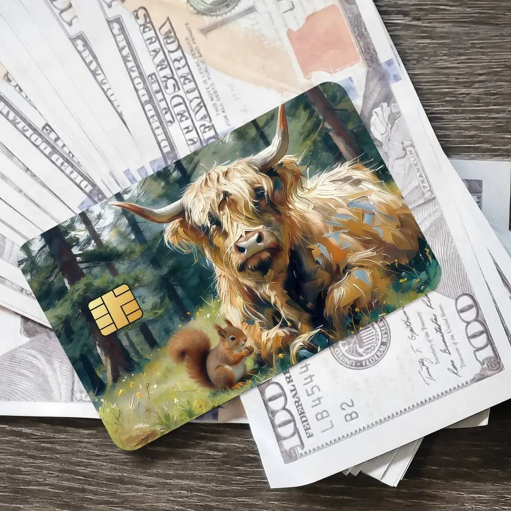 Cute Highland Cow Bank Credit Cards Bus Pass Stickers Cool Decoration Waterproof 4PCS Card