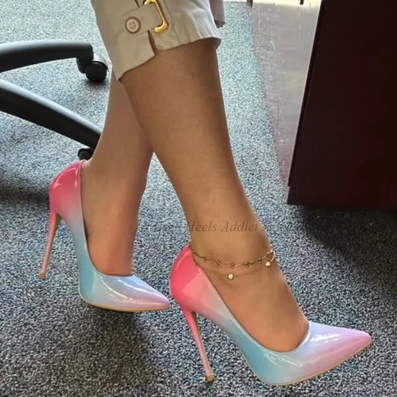 Rainbow Patent Leather Sexy High Heels Women's Summer Pointed Toe 12cm Shallow Big Size Pumps Luxury Designer Party Chic Shoes