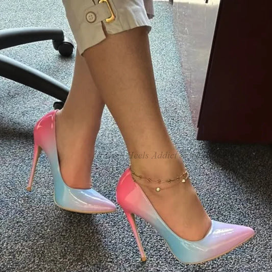 Rainbow Patent Leather Sexy High Heels Women's Summer Pointed Toe 12cm Shallow Big Size Pumps Luxury Designer Party Chic Shoes