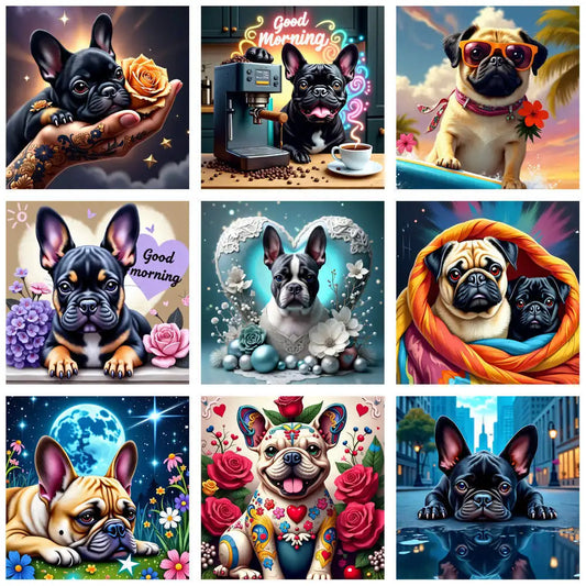 5D DIY Diamond Painting Cute French Bulldog Rose Hand Tattoo Art Crystal Round Diamond Painting Kit Home Decor