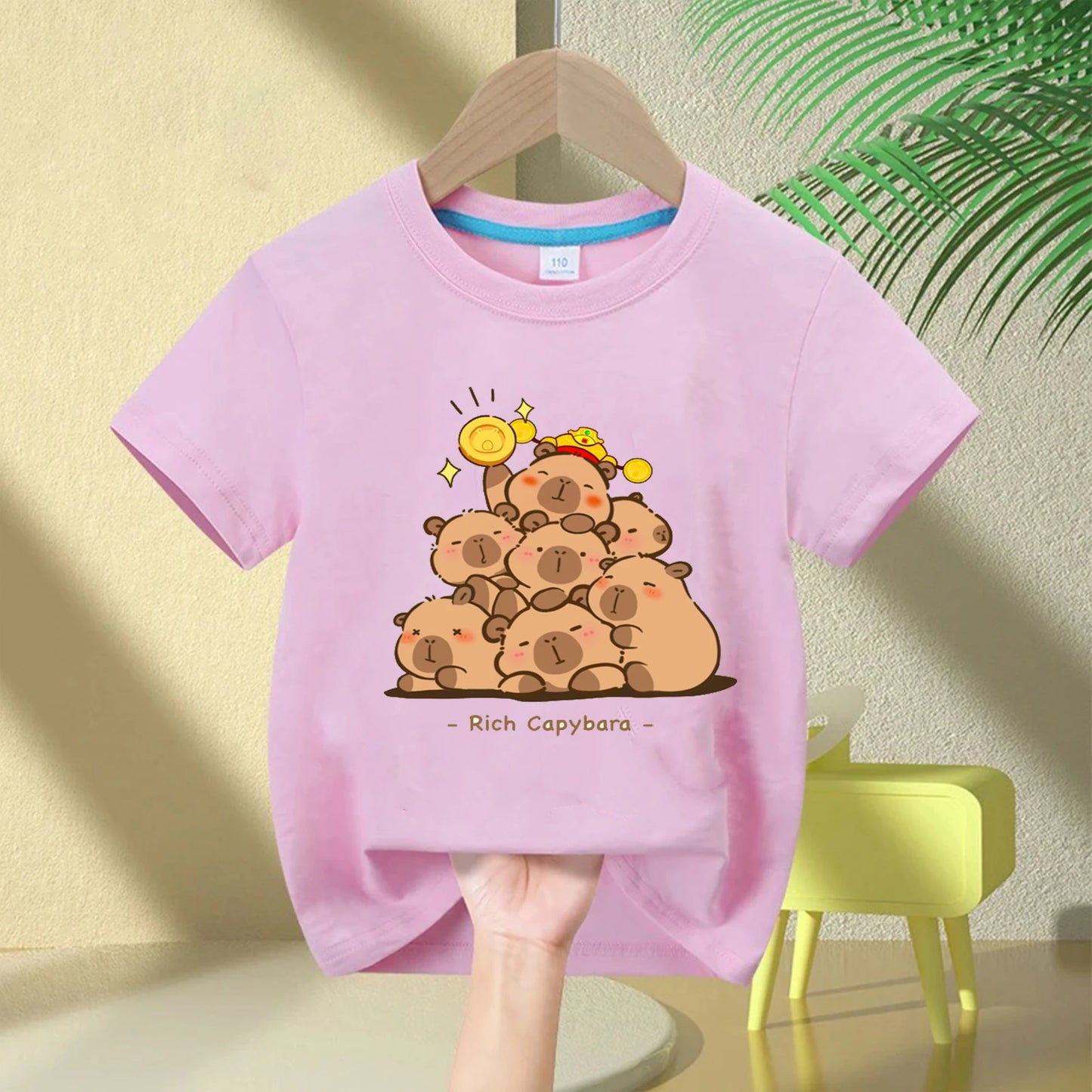 Cute Capybara Loves Bubble Tea print kids T-Shirt summer children's pure cotton short-sleeved casual tops boys and girls gifts