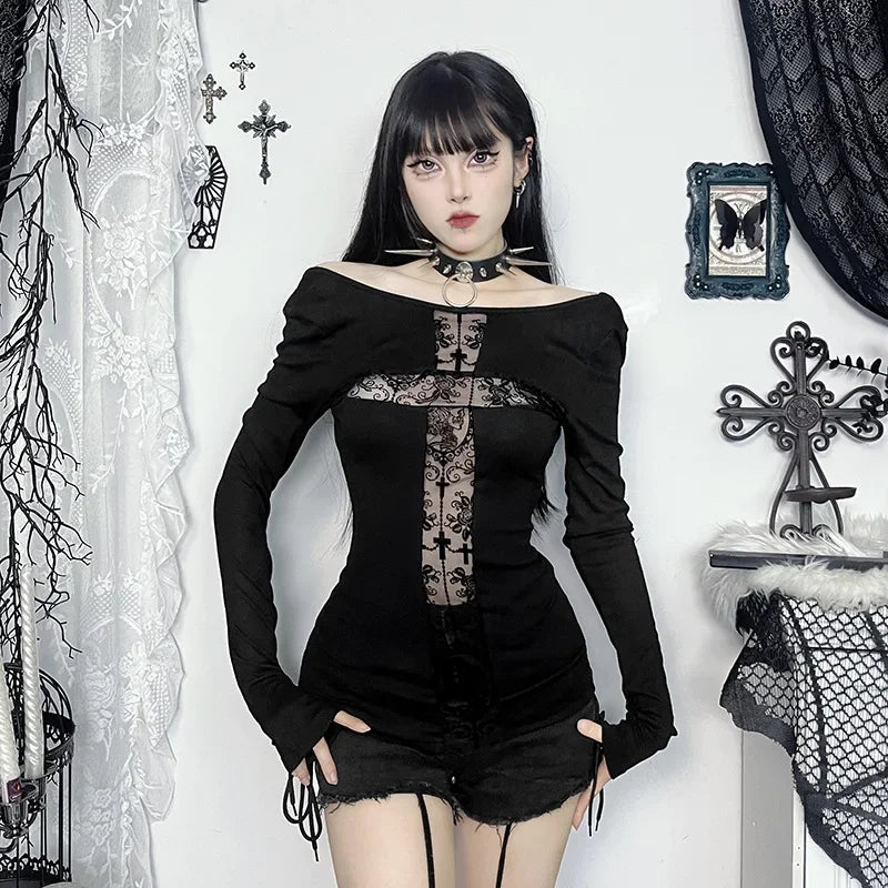 Gothic T-shirt for Women Sexy Hollow Out Mesh Cross Half Turtleneck Black Slim Soft Velvet Long Sleeve  Crop Tops