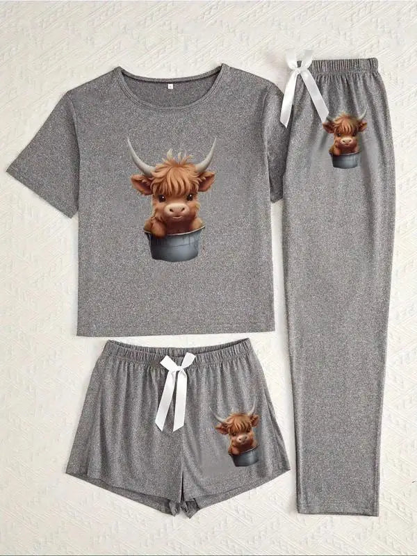 Women's Cartoon Highland Cow Print Pajama Set, 3 Piece Sleepwear Collection, Casual Fitted Nightwear for All Seasons