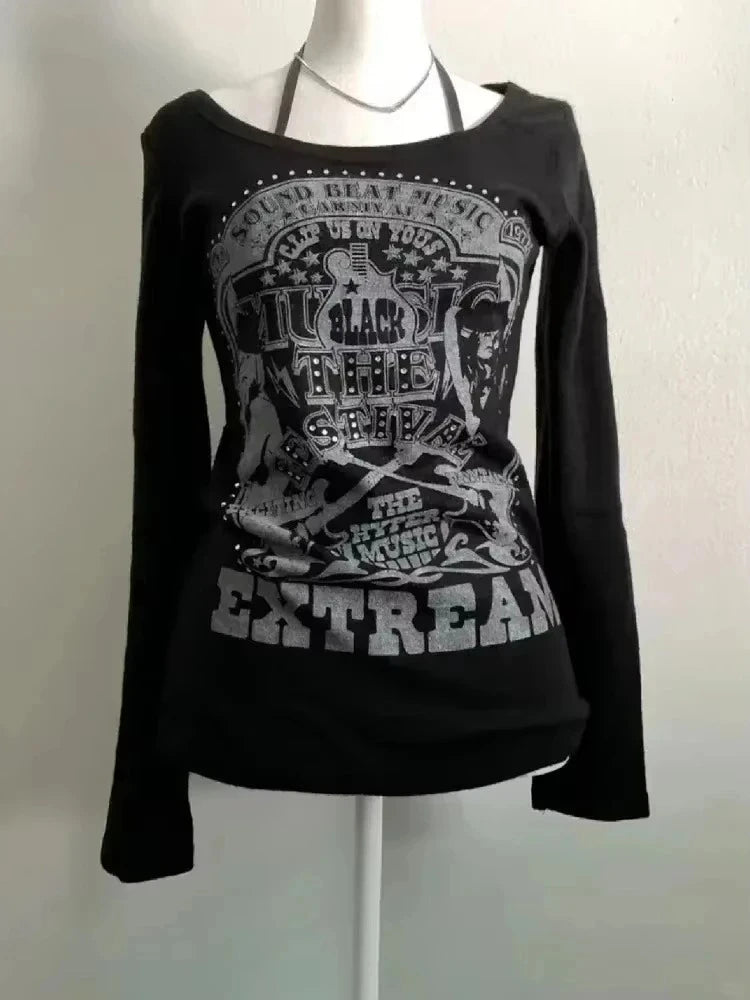 Gothic T-shirts Women Vintage Punk Y2k Crop Tops Punk Skull Black Hot Girl Tshirt Short Sleeve Fashion Street Tees Sxey Vintage