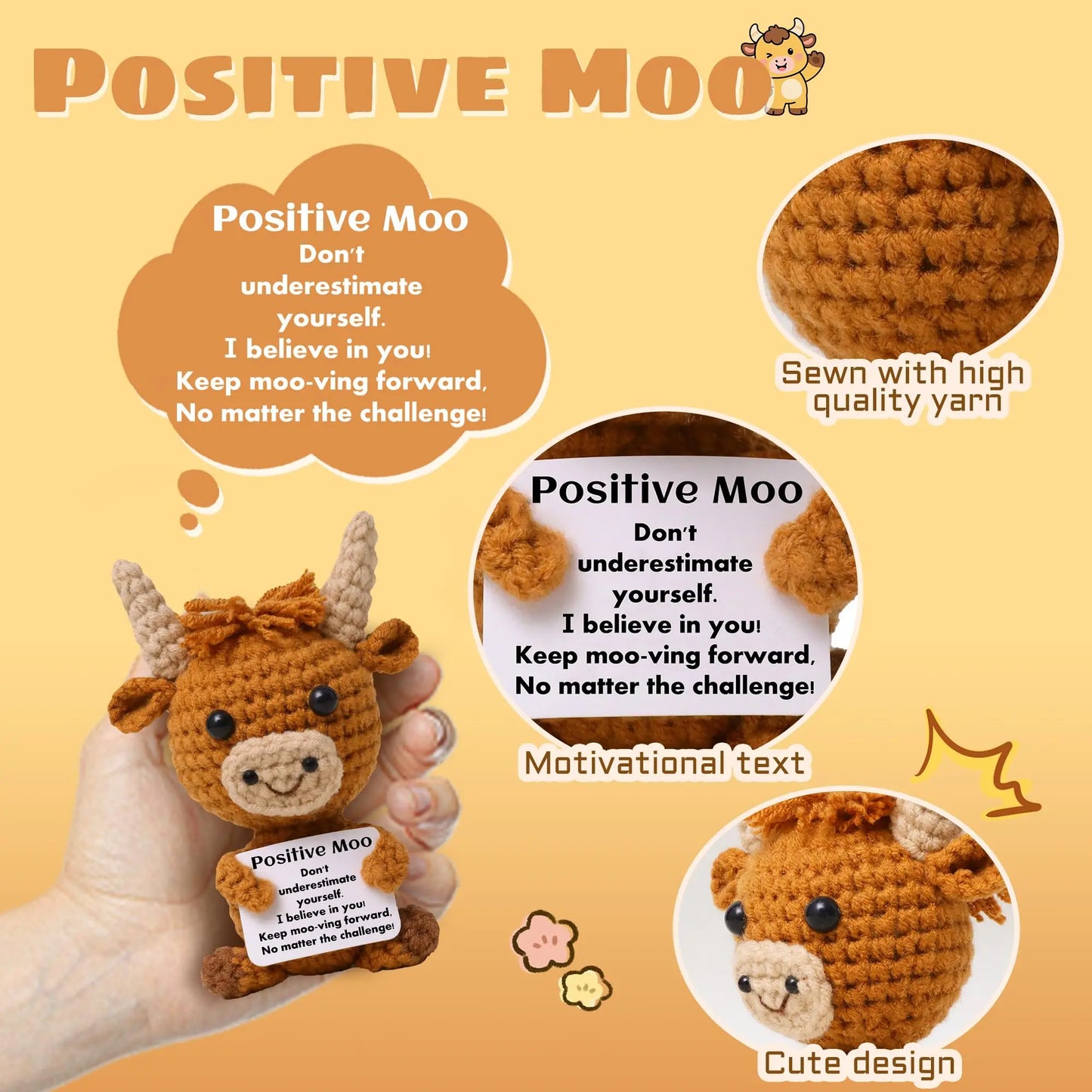 Mini Funny Positive Highland Cow Knitted Wool Cow Toy with Positive Card Creative Cute Crochet Doll Emotional Support Cheer Up