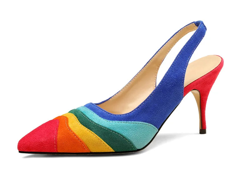 Summer New Rainbow Mixed Color 8cm High Heel Sandals  Women's French Pointed Shallow Mouth Runway Banquet Wedding Shoes size 43