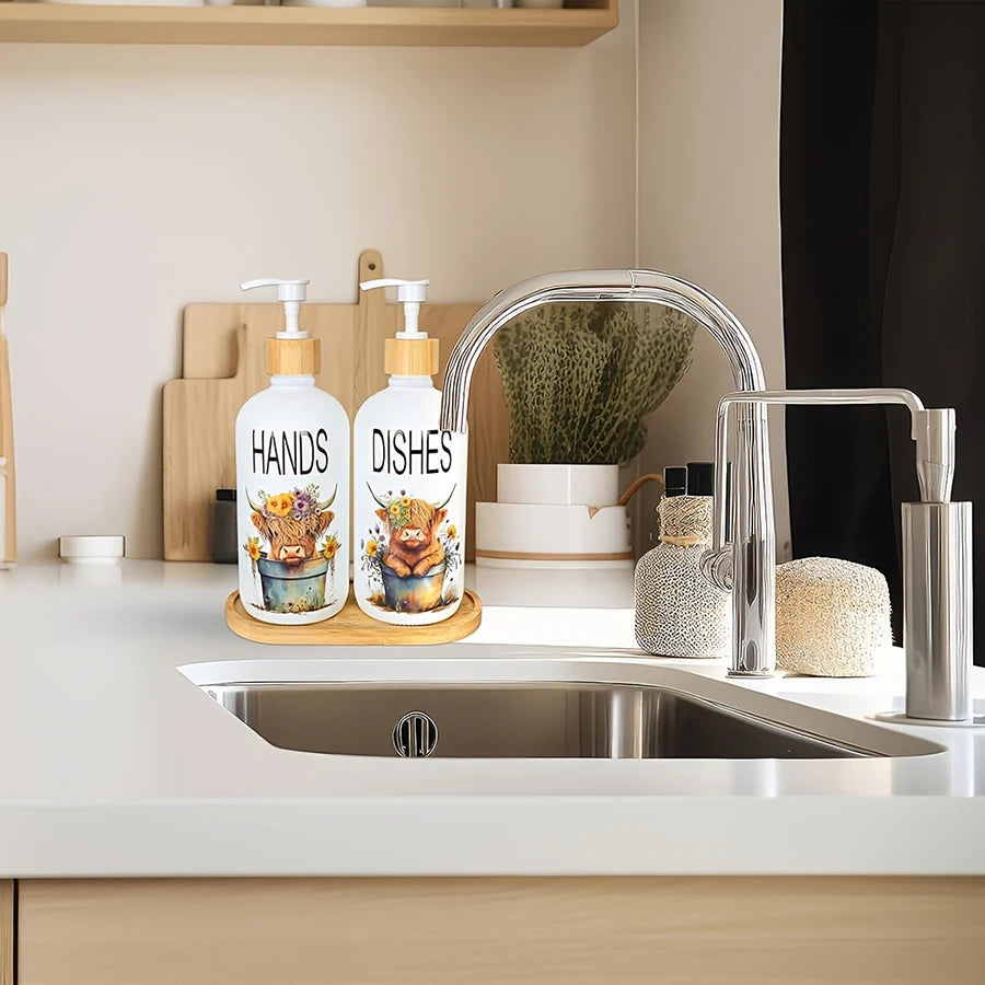 2Pcs Highland Cow Soap Dispenser withTray Farmhouse Cow Floral Plastic Dispenser with Pump Refillable Liquid Soap Container