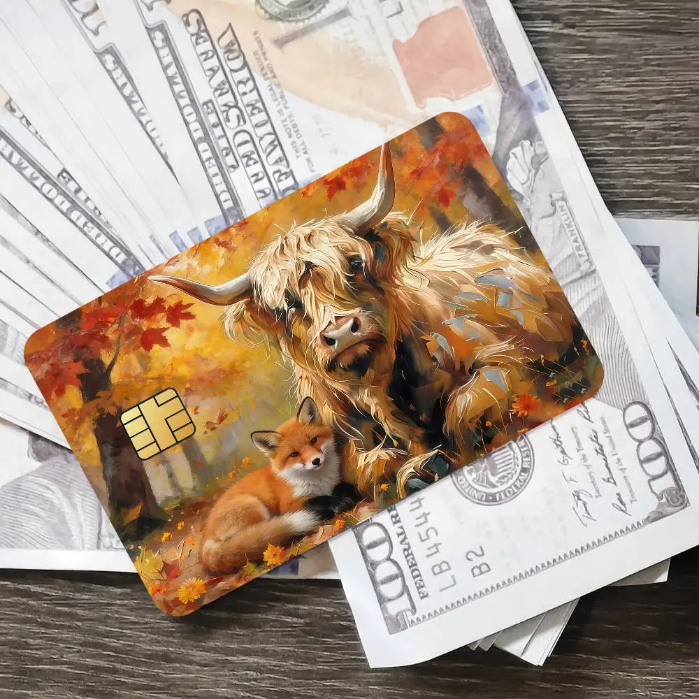 Cute Highland Cow Bank Credit Cards Bus Pass Stickers Cool Decoration Waterproof 4PCS Card
