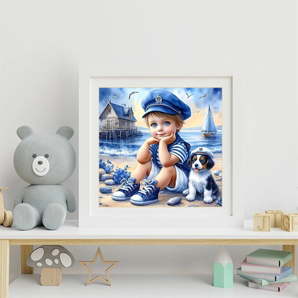 Momoart Full Diamond Painting Kid Boy Portrait Picture Of Rhinestones Mosaic Dog DIY Embroidery Seasdie Home Decor