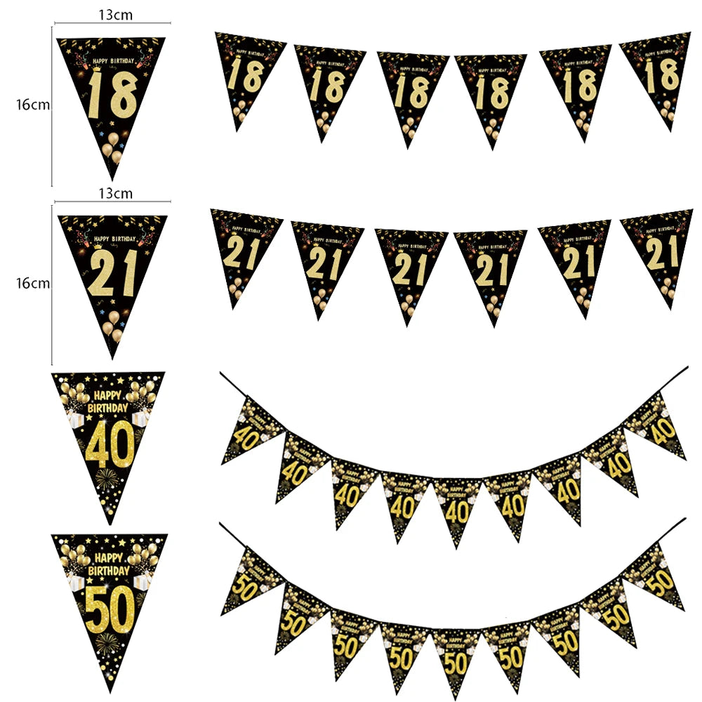 18 21 40 50 60th Happy Birthday Black Gold Banner Decoration 18-60Year Adult Birthday Party Backdrops Decoration Supplies