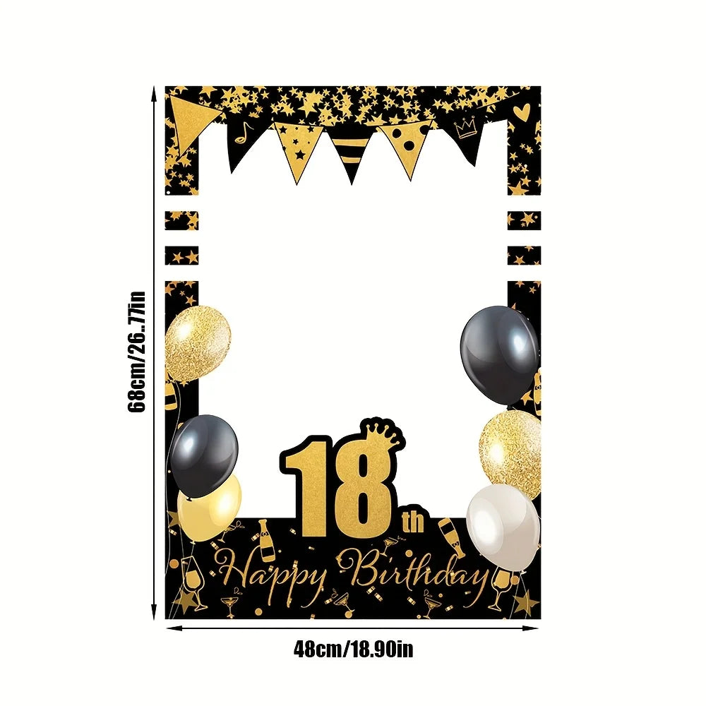 Black Gold Happy Birthday Photo Booth - 18, 21, 30, 40, 50, 60 years old. Party decoration supplies for people aged 70 and 80