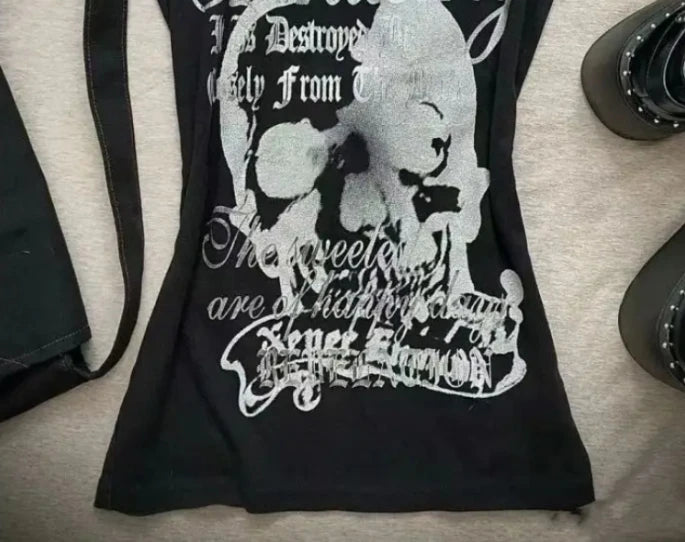 Gothic T-shirts Women Vintage Punk Y2k Crop Tops Punk Skull Black Hot Girl Tshirt Short Sleeve Fashion Street Tees Sxey Vintage
