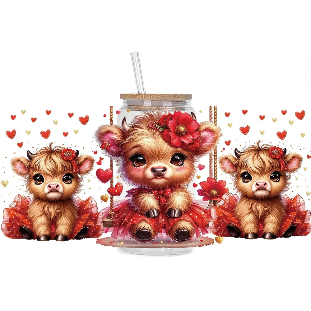 Highland Cattle Baby 16oz UV DTF Sticker Cup Personalize UV Wrap Label DIY Logo Self Adhesive Cow Design 3D Transfer Sticker