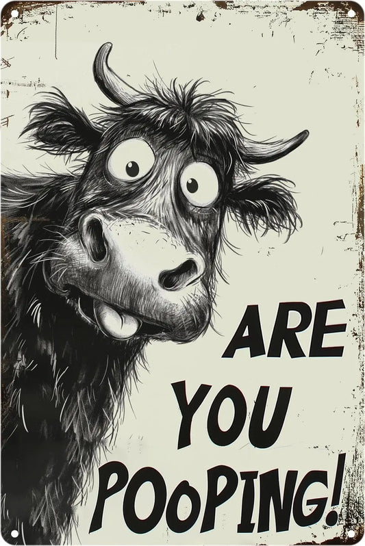 Funny Highland Cow Are You Pooping? Tin Sign –  Vintage Metal Wall Décor, Humorous Bathroom ; Farmhouse Rustic Art for Indoor Ou