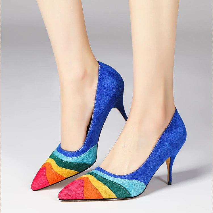 Summer New Rainbow Mixed Color 8cm High Heel Sandals  Women's French Pointed Shallow Mouth Runway Banquet Wedding Shoes size 43