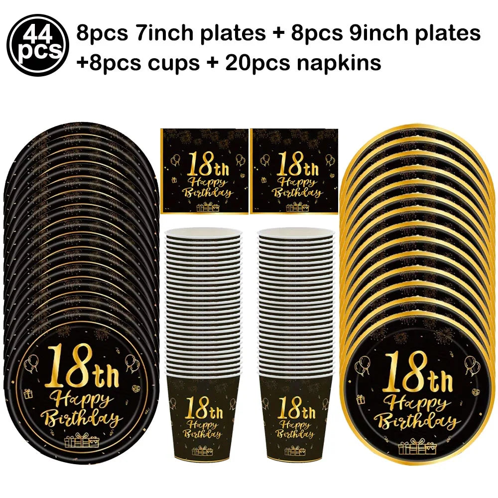 18th Birthday Decors for Boys Girls Black Gold Party Banner Balloon Tablecloth Plate Cup Napkin 18 Years Birthday Party Supplies