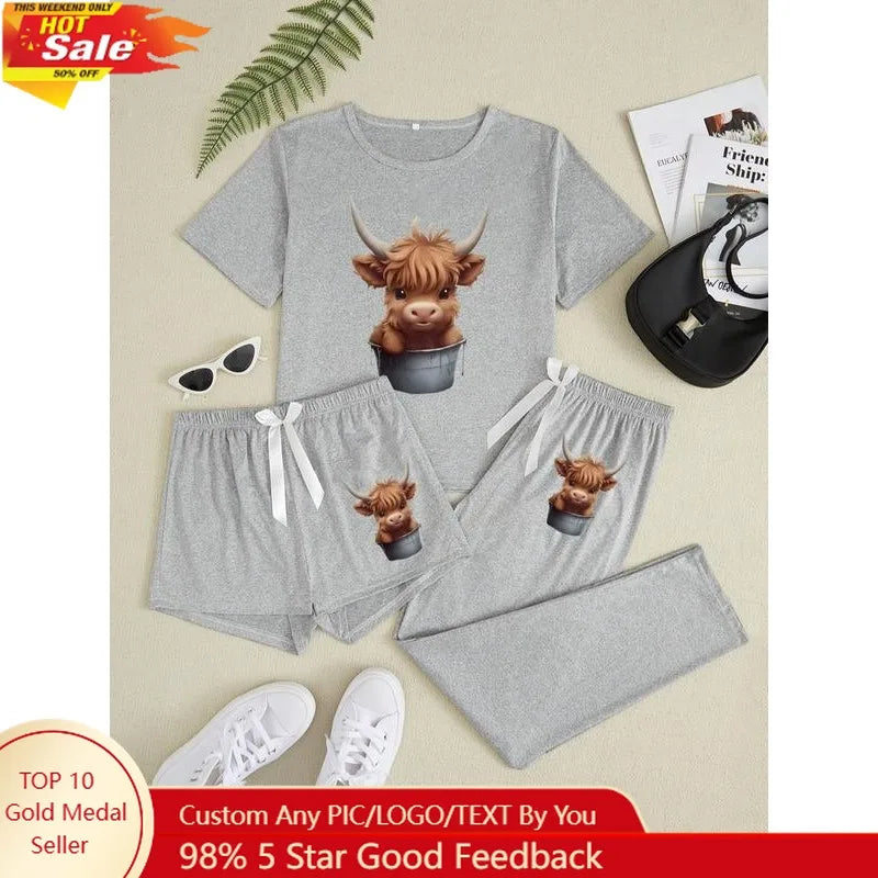 Women's Cartoon Highland Cow Print Pajama Set, 3 Piece Sleepwear Collection, Casual Fitted Nightwear for All Seasons