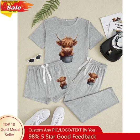 Women's Cartoon Highland Cow Print Pajama Set, 3 Piece Sleepwear Collection, Casual Fitted Nightwear for All Seasons