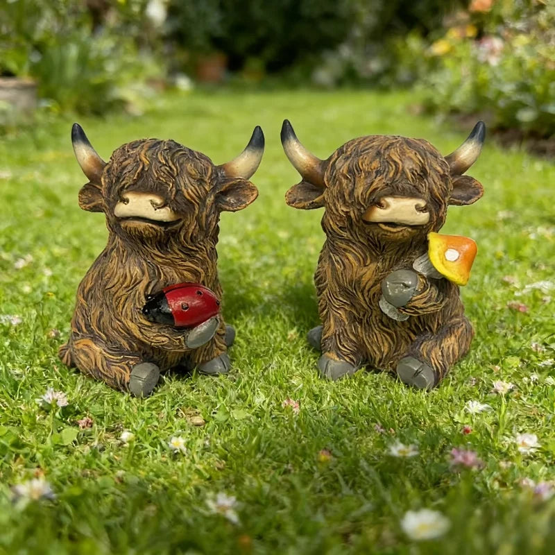 2Highland Cow Figurine Set，Cute Scottish Highland Cow Sculpture with Ladybug and Mushroom，Resin farm animal decorations