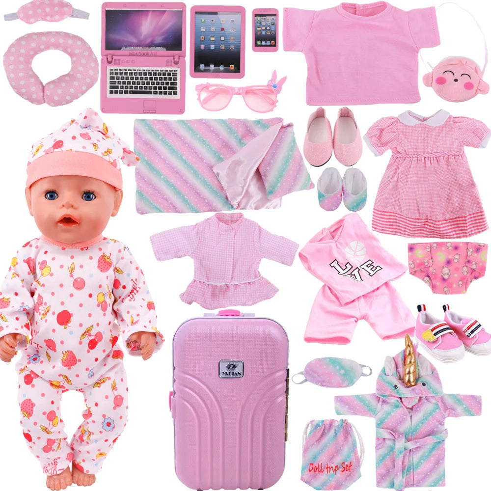 Pink Doll Clothes Pajamas Sleeping Bag/Shoes/Suitcase For 18Inch American Doll Girls 43Cm Reborn Baby Dolls Accessories Kids Toy