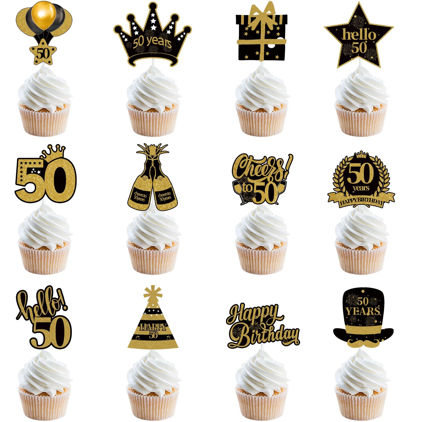 18 21 30 40 50 60 70 80th Black Gold Birthday Party Adult Cupcake Topper 30 40 50 Years Old Birthday Party Decor Anniversary