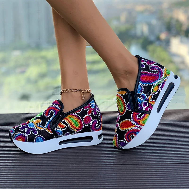 Rainbow Embroidered Platform Loafers for Women Summer Breathable Mesh Sneakers Woman Plus Size Lightweight Slip On Casual Shoes
