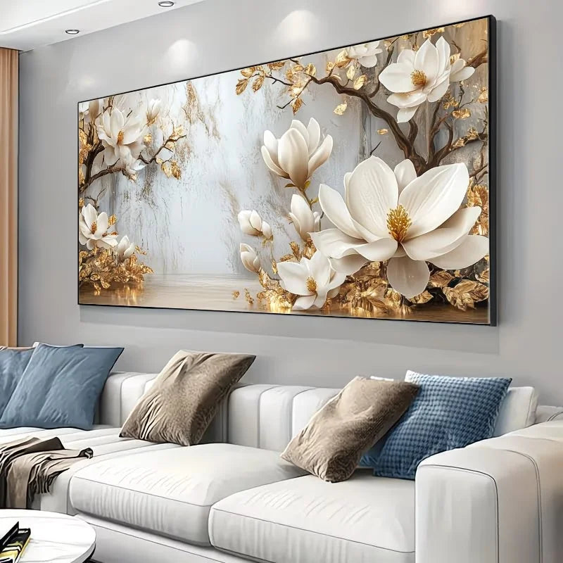 5D DIY Diamond Art Blooming White Magnolia Flowers Golden Leaves Diamond Mosaic Paintings Full Drill Diamond Embroidery Decor