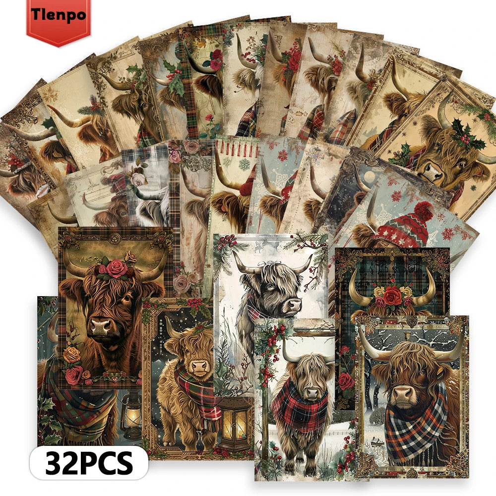 32pcs Christmas Highland Cow Postcards, Holiday Gifts,Bedroom Decor,Thick Cardstock,High Definition Printing,Collectible Cards