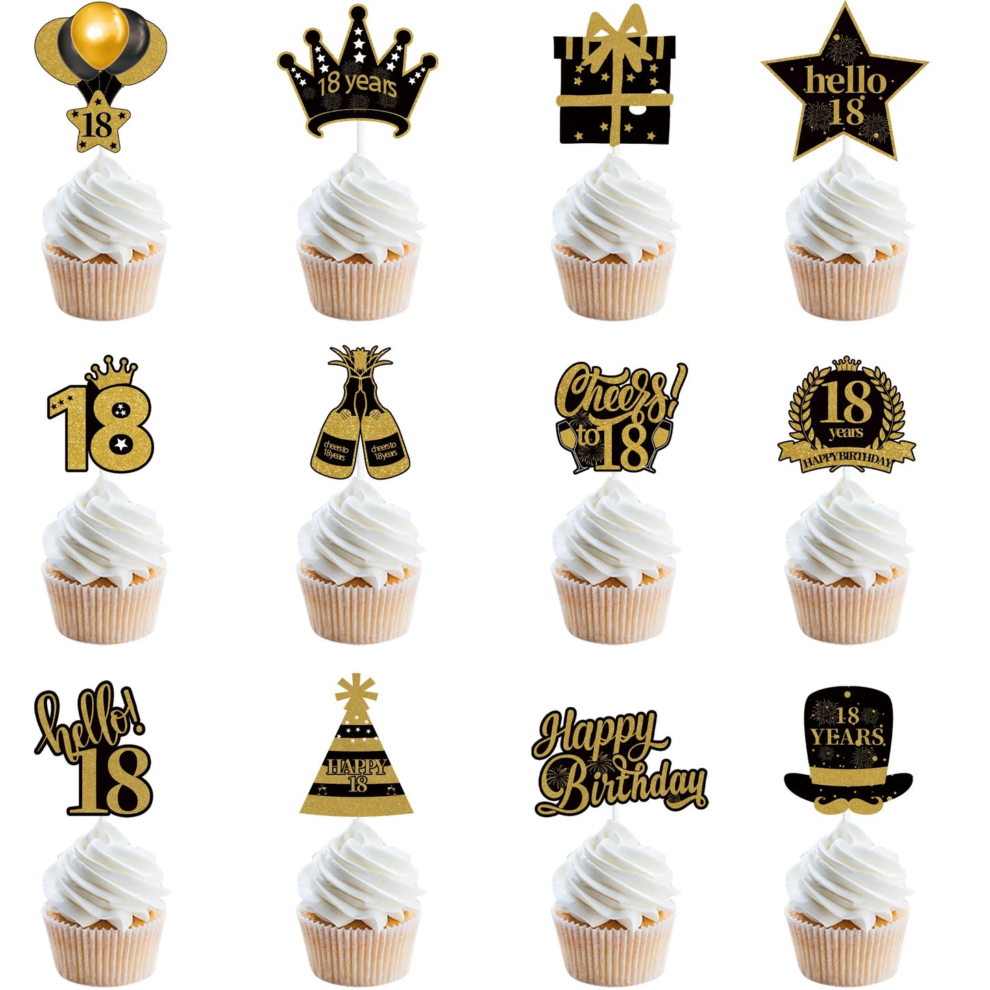 18 21 30 40 50 60 70 80th Black Gold Birthday Party Adult Cupcake Topper 30 40 50 Years Old Birthday Party Decor Anniversary
