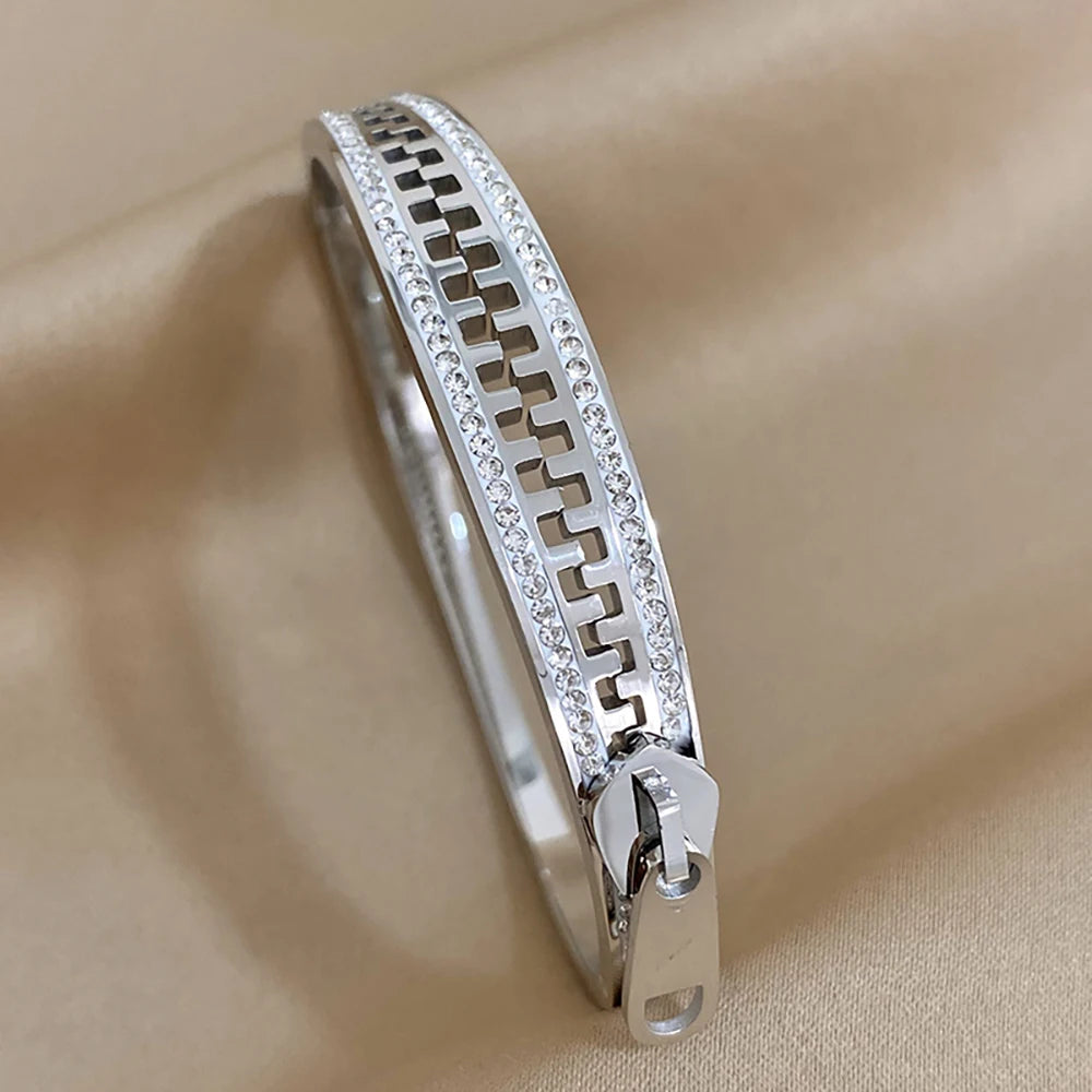 AENSOA Luxurious Zipper Style Stainless Steel Waterproof Rust Resistant Bracelets Inlaid Rhinestone Gold Plated Bracelet Bangles
