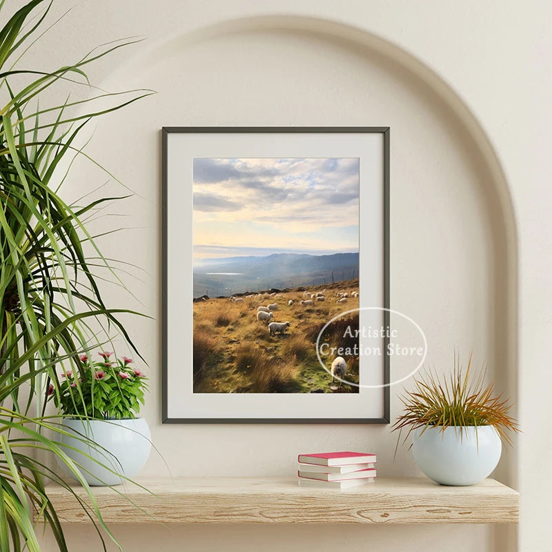 Countryside Highland Sheep Poster Modern Farmhouse Wall Art Pink Sheep Animals Print Canvas Painting Wall Living Room Home Decor