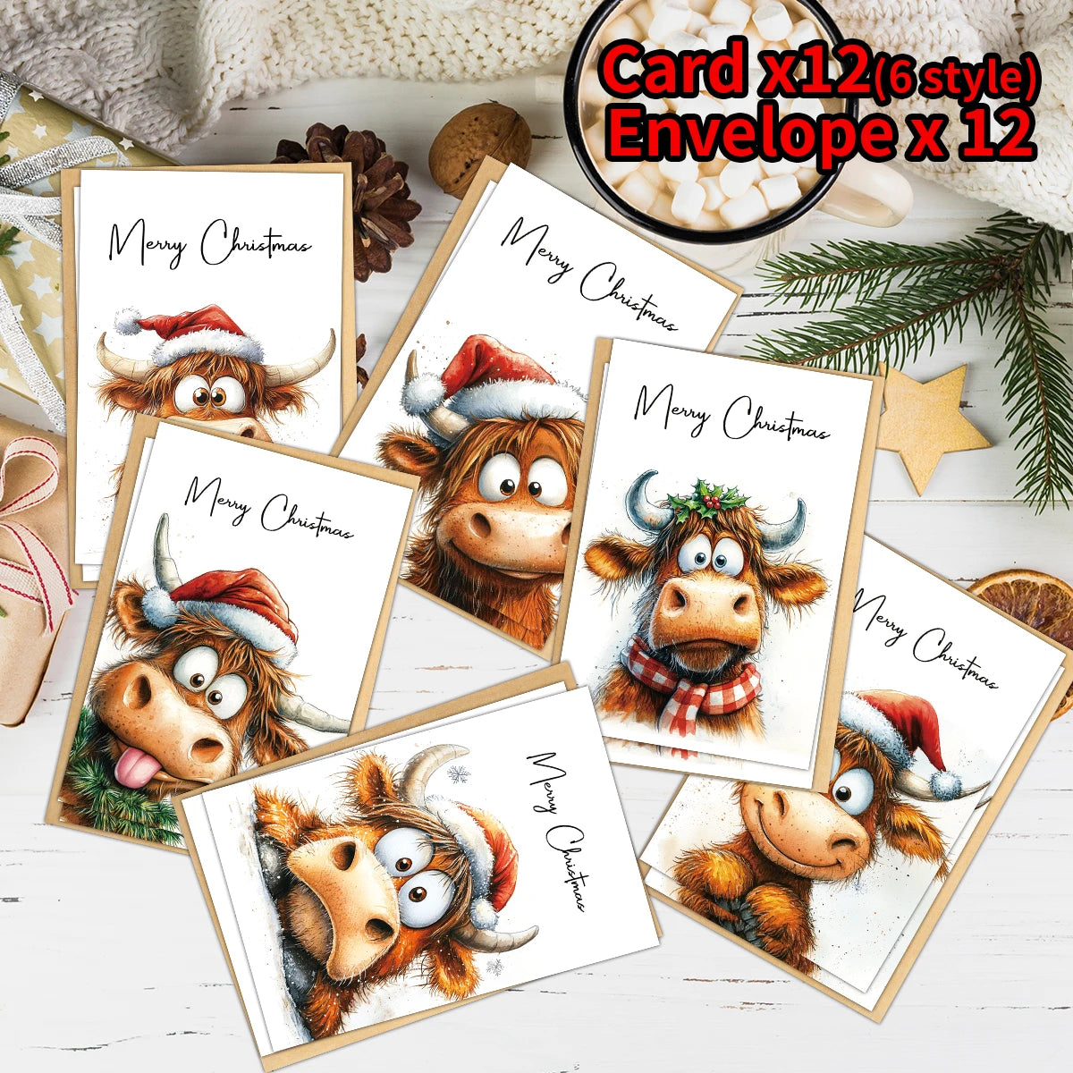 12pcs Christmas Adorable Highland Cow Greeting Cards With Envelope-For Xmas Card Exchanges,Family Gatherings,Office Parties Gift