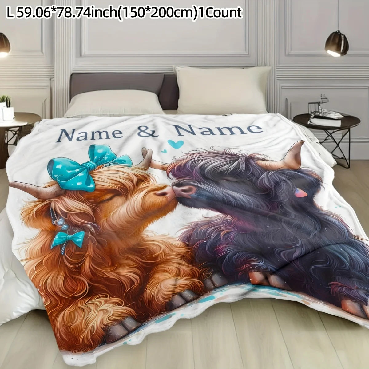 Customized name highland cow blanket personalized text, comfortable flannel blanket suitable for all seasons