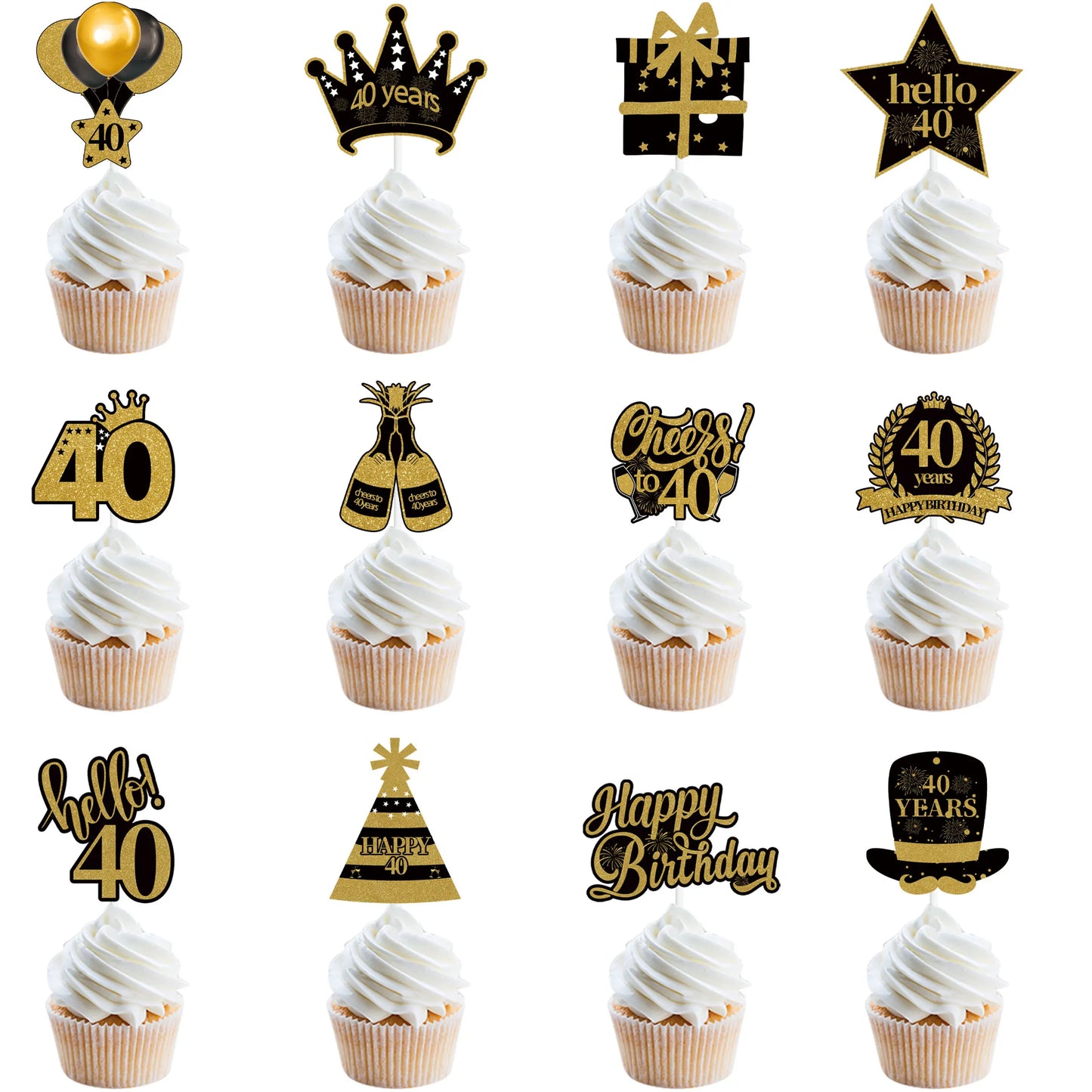 18 21 30 40 50 60 70 80th Black Gold Birthday Party Adult Cupcake Topper 30 40 50 Years Old Birthday Party Decor Anniversary