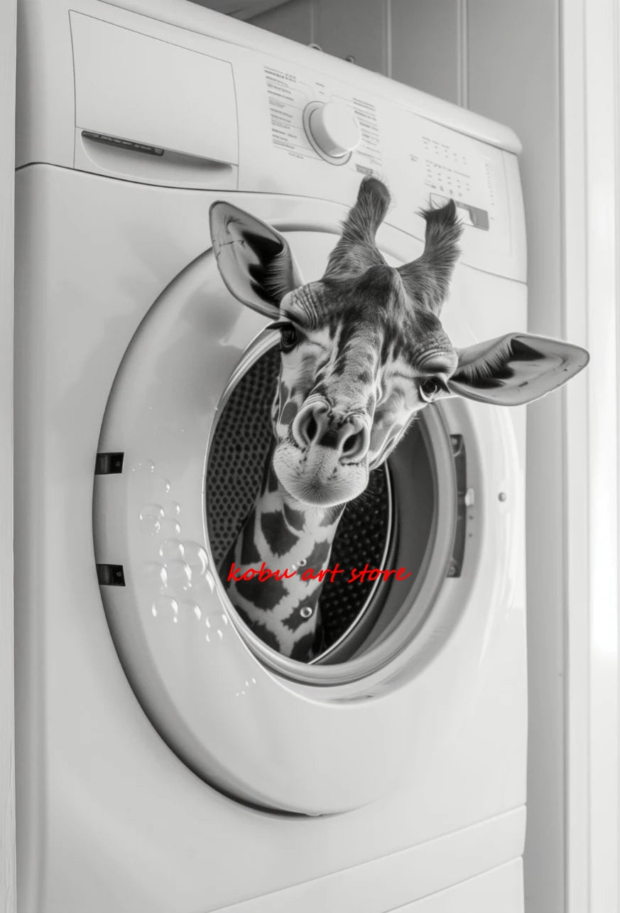 Bear Highland Cow Giraffe Animal in Washing Machine Poster Canvas Printing Wall Art Picture Fun Laundry Room Utility Room Decor