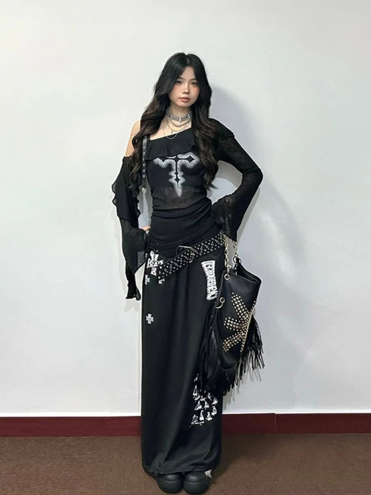 Deeptown Black Gothic Graphic T-Shirts Women Y2k Grunge Punk Off Shoulder Tees Sexy See Through Tops Vintage Flared Sleeve Tees